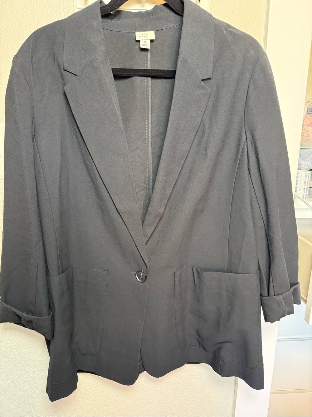 A New Day Black Relaxed Blazer XL Rayon Blend One Button Oversized